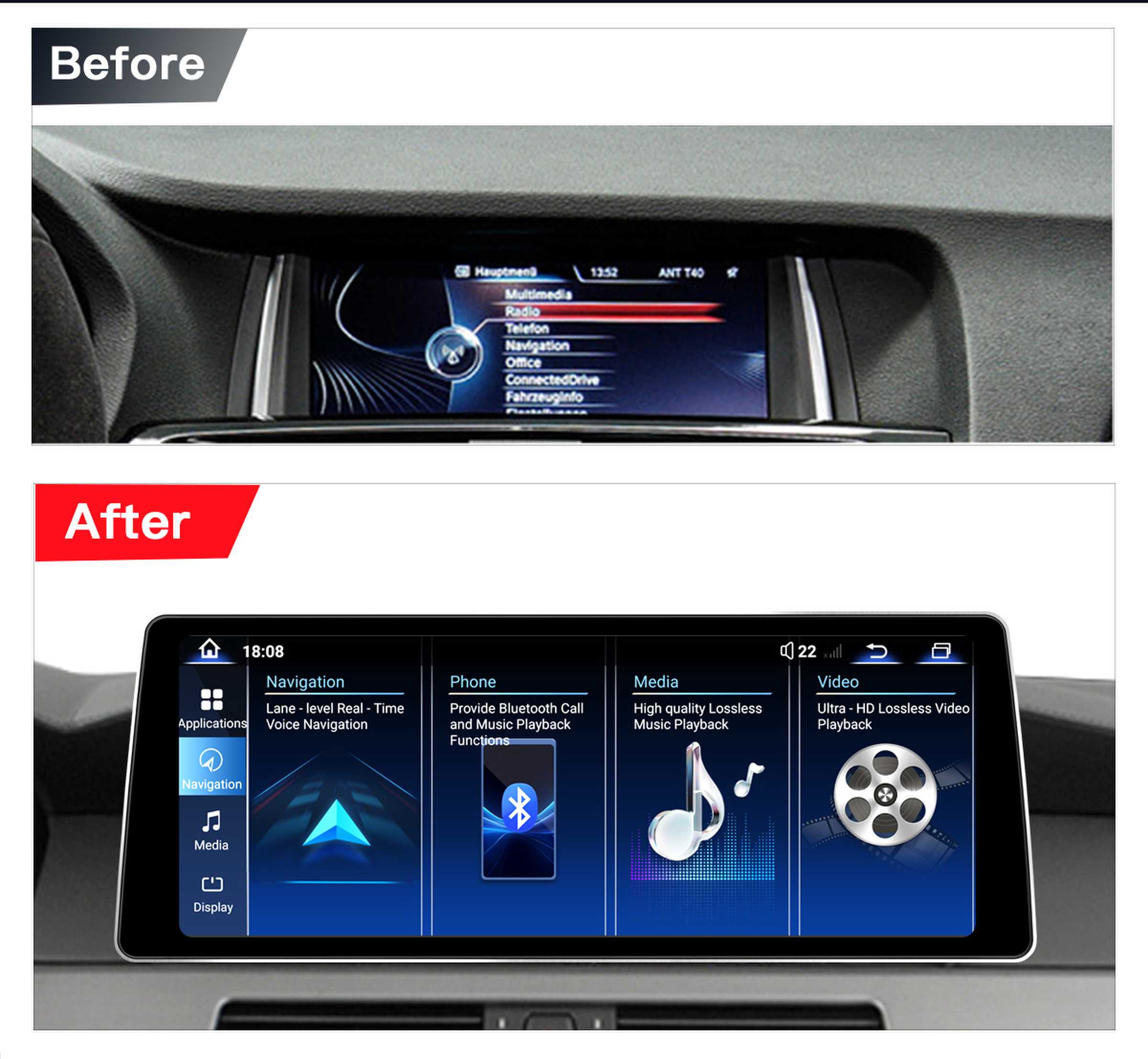 Ultra Narrow 12.8 Inch QLED Upgrade Car Stereo for BMW X3 X4 F25 F26 2010-2017 | CIC (4-Pin) 2010-2013 & NBT (6-Pin) 2013-2016 & EVO (6-Pin) 2016-2017 | CarPlay Touchscreen HD 2400x900 Zinc Alloy Frame