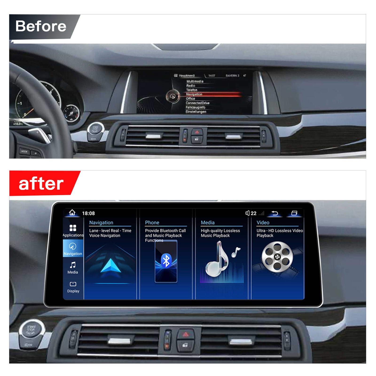 Ultra Narrow 12.8 Inch QLED Upgrade Car Stereo for BMW 5 Series F10 F11 | CIC (4-Pin) 2011-2012 & NBT (6-Pin) 2013-2016 | 520i 525i 528i 530i | CarPlay Touchscreen HD 2400x900 Zinc Alloy Frame