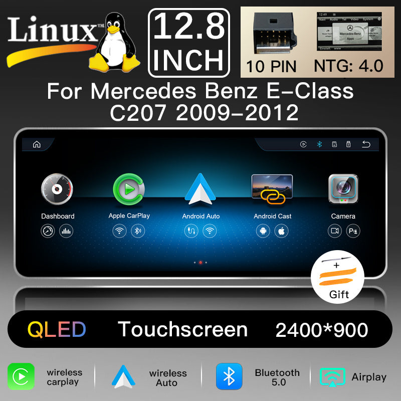 Ultra Narrow 12.8 Inch QLED Upgrade Car Stereo for Mercedes-Benz E-Class Coupe/Cabriolet A207 C207 | NTG 4.0 (10-Pin) 2009-2012 & NTG 4.5/4.7 (4-Pin) 2013-2015 & NTG 5.0/5.1 (4-Pin) 2015-2017 | CarPlay Touchscreen HD 2400x900 Zinc Alloy Frame