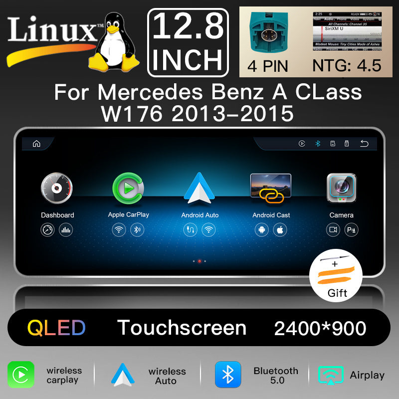 12.8 Inch QLED Upgrade Car Stereo for Mercedes-Benz A-Class W176 / CLA C117 X117 / GLA X156 | NTG 4.5/4.7 (2013–2015) & NTG 5.0/5.1 (2016–2018) | Wireless CarPlay Android Auto HD 2400x900 Zinc Alloy