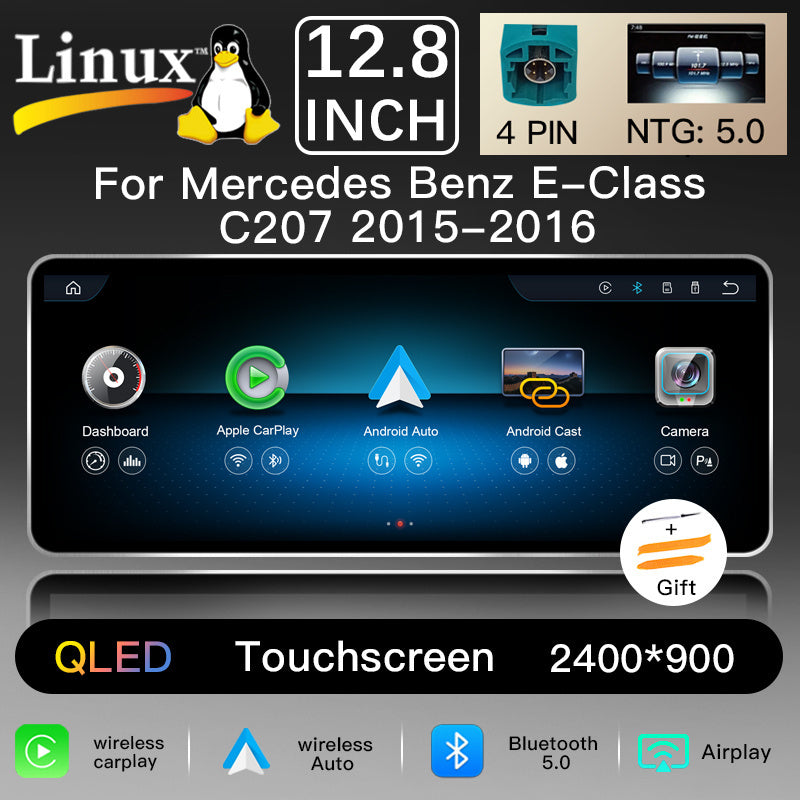 Ultra Narrow 12.8 Inch QLED Upgrade Car Stereo for Mercedes-Benz E-Class Coupe/Cabriolet A207 C207 | NTG 4.0 (10-Pin) 2009-2012 & NTG 4.5/4.7 (4-Pin) 2013-2015 & NTG 5.0/5.1 (4-Pin) 2015-2017 | CarPlay Touchscreen HD 2400x900 Zinc Alloy Frame