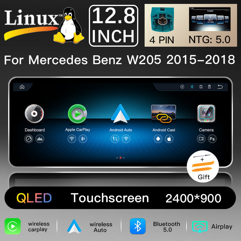 12.8 Inch QLED Upgrade Car Stereo for Mercedes-Benz C-Class W205 / Estate S205 | NTG 5.0/5.1 (4-Pin) 2015–2018 | Wireless CarPlay Android Auto HD 2400x900 Zinc Alloy