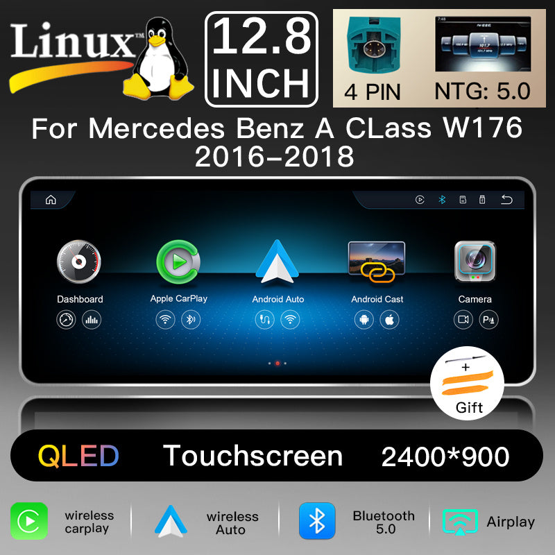 12.8 Inch QLED Upgrade Car Stereo for Mercedes-Benz A-Class W176 / CLA C117 X117 / GLA X156 | NTG 4.5/4.7 (2013–2015) & NTG 5.0/5.1 (2016–2018) | Wireless CarPlay Android Auto HD 2400x900 Zinc Alloy