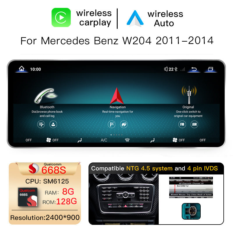 12.8 Inch QLED Upgrade Car Stereo for Mercedes-Benz C-Class W204 / Estate S204 | NTG 4.0 (10-Pin) 2008–2010 & NTG 4.5/4.7 (4-Pin) 2011–2014 | Wireless CarPlay Android Auto HD 2400x900 Zinc Alloy