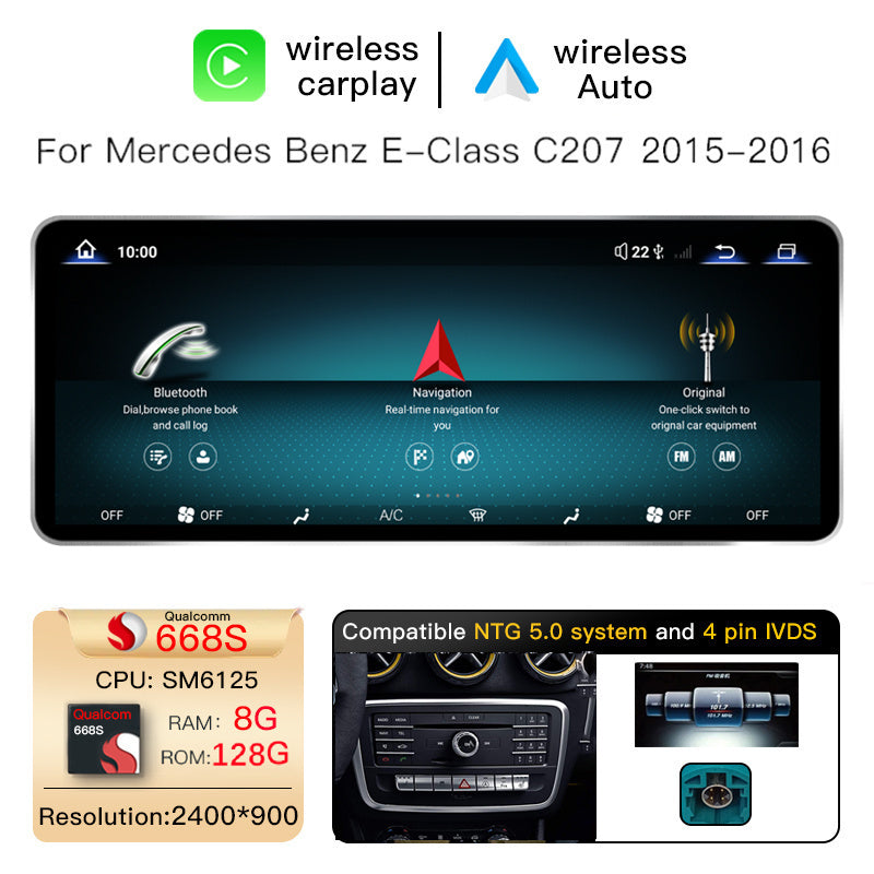 Ultra Narrow 12.8 Inch QLED Upgrade Car Stereo for Mercedes-Benz E-Class Coupe/Cabriolet A207 C207 | NTG 4.0 (10-Pin) 2009-2012 & NTG 4.5/4.7 (4-Pin) 2013-2015 & NTG 5.0/5.1 (4-Pin) 2015-2017 | CarPlay Touchscreen HD 2400x900 Zinc Alloy Frame