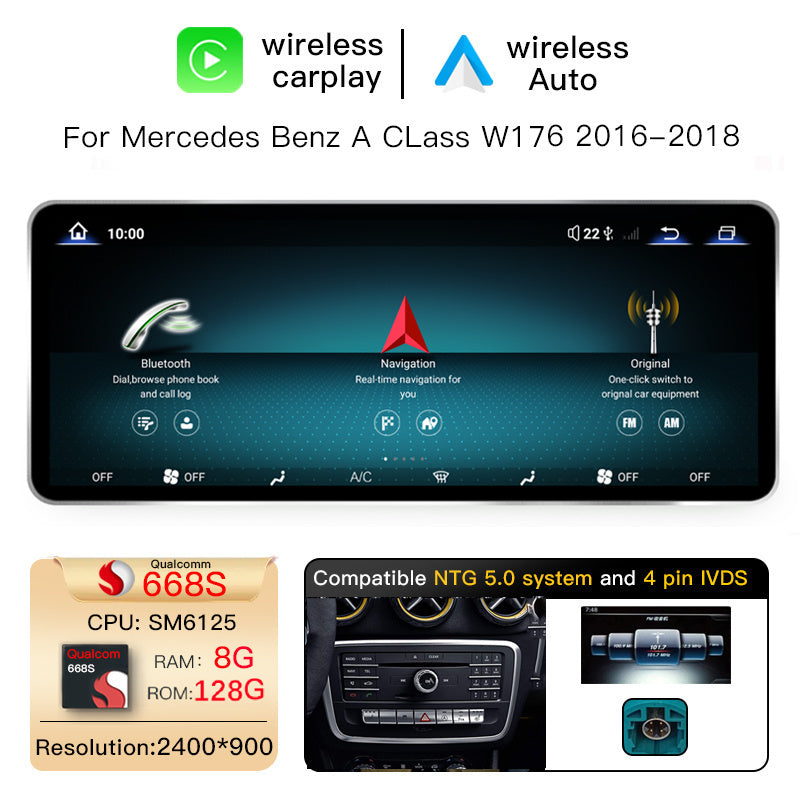 12.8 Inch QLED Upgrade Car Stereo for Mercedes-Benz A-Class W176 / CLA C117 X117 / GLA X156 | NTG 4.5/4.7 (2013–2015) & NTG 5.0/5.1 (2016–2018) | Wireless CarPlay Android Auto HD 2400x900 Zinc Alloy