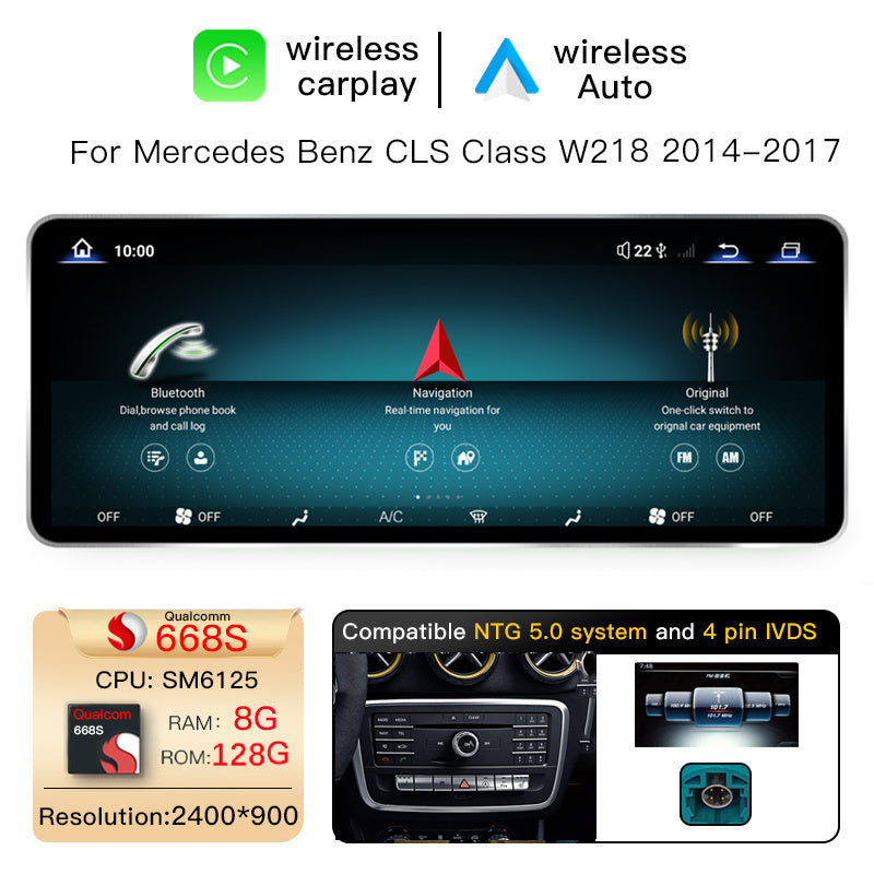 12.8 Inch QLED Upgrade Car Stereo for Mercedes-Benz CLS-Class W218 / C218 Shooting Brake | NTG 4.0 (10-Pin) 2010–2012 & NTG 4.5/4.7 (4-Pin) 2013 & NTG 5.0/5.1 (4-Pin) 2014–2017 | Wireless CarPlay Android Auto HD 2400x900 Zinc Alloy
