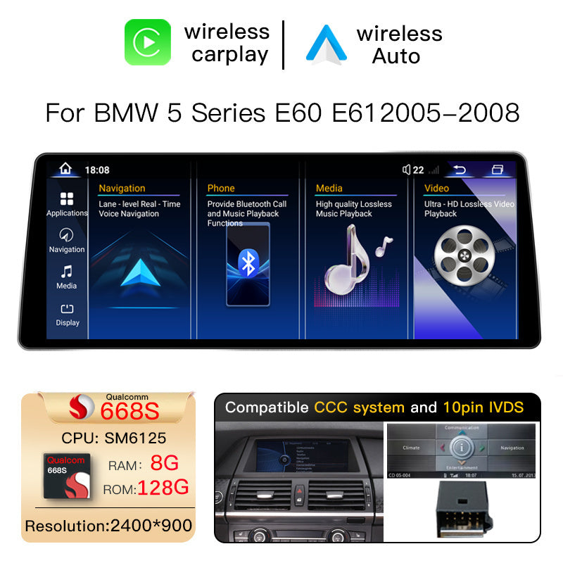 Ultra Narrow 12.8 Inch QLED Upgrade Car Stereo for BMW X5 X6 E70 E71 2007-2013 | CCC (10-Pin) 2007-2010 & CIC (4-Pin) 2011-2013 | CarPlay Touchscreen HD 2400x900 Zinc Alloy Frame