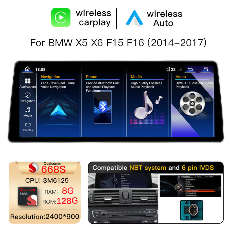 Ultra Narrow 12.8 Inch QLED Upgrade Car Stereo for BMW 2 Series F45 F46 | NBT (6-Pin) 2012-2015 & EVO ID5/ID6 (6-Pin) 2016-2019 | CarPlay Touchscreen HD 2400x900 Zinc Alloy Frame