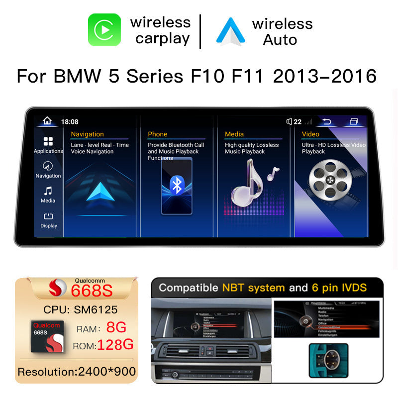 Ultra Narrow 12.8 Inch QLED Upgrade Car Stereo for BMW 5 Series F10 F11 | CIC (4-Pin) 2011-2012 & NBT (6-Pin) 2013-2016 | 520i 525i 528i 530i | CarPlay Touchscreen HD 2400x900 Zinc Alloy Frame