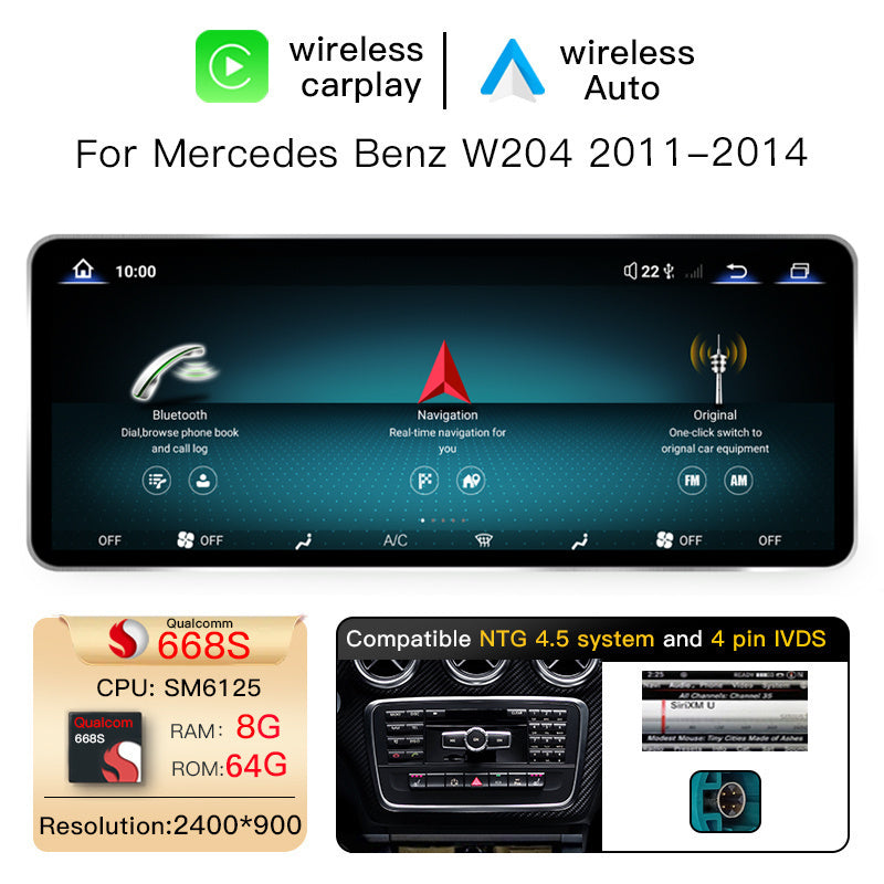 12.8 Inch QLED Upgrade Car Stereo for Mercedes-Benz C-Class W204 / Estate S204 | NTG 4.0 (10-Pin) 2008–2010 & NTG 4.5/4.7 (4-Pin) 2011–2014 | Wireless CarPlay Android Auto HD 2400x900 Zinc Alloy