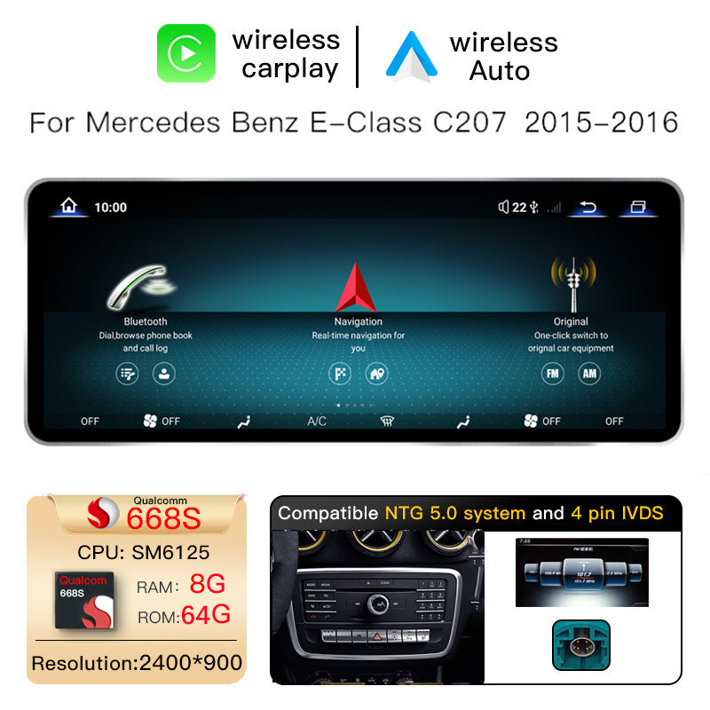 Ultra Narrow 12.8 Inch QLED Upgrade Car Stereo for Mercedes-Benz E-Class Coupe/Cabriolet A207 C207 | NTG 4.0 (10-Pin) 2009-2012 & NTG 4.5/4.7 (4-Pin) 2013-2015 & NTG 5.0/5.1 (4-Pin) 2015-2017 | CarPlay Touchscreen HD 2400x900 Zinc Alloy Frame