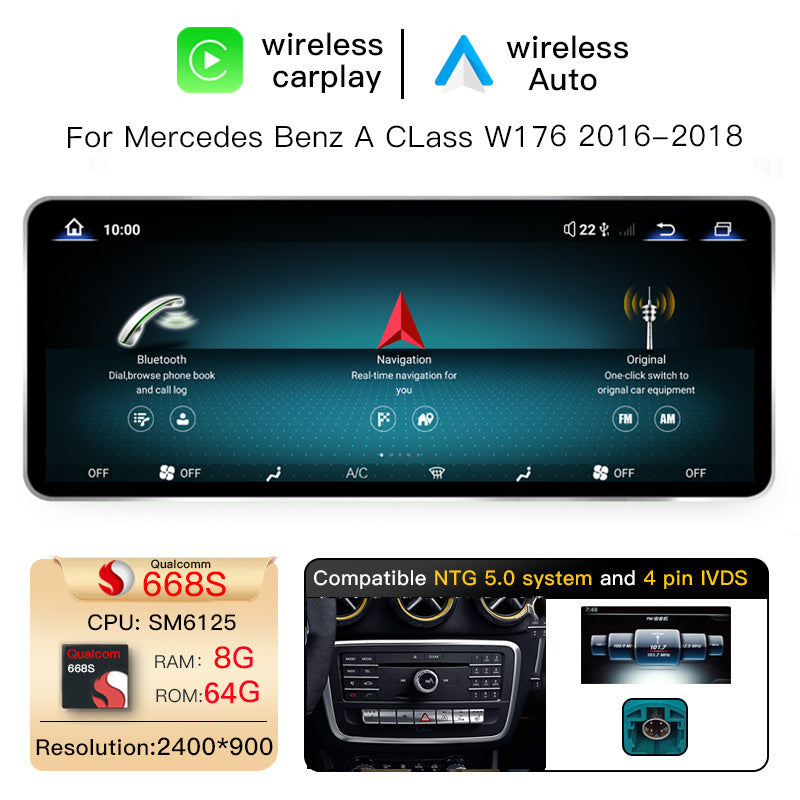 12.8 Inch QLED Upgrade Car Stereo for Mercedes-Benz A-Class W176 / CLA C117 X117 / GLA X156 | NTG 4.5/4.7 (2013–2015) & NTG 5.0/5.1 (2016–2018) | Wireless CarPlay Android Auto HD 2400x900 Zinc Alloy
