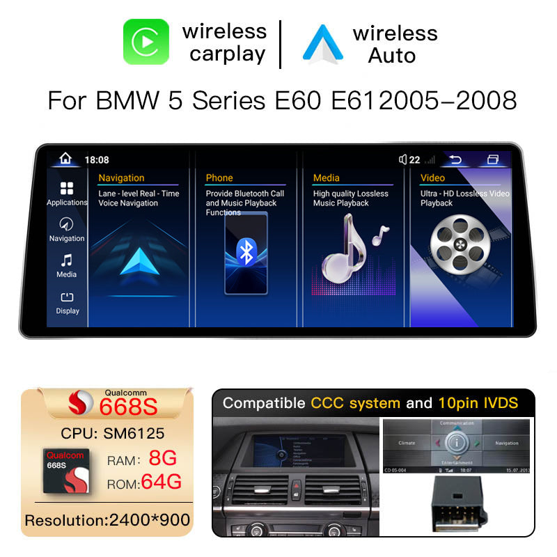 Ultra Narrow 12.8 Inch QLED Upgrade Car Stereo for BMW X5 X6 E70 E71 2007-2013 | CCC (10-Pin) 2007-2010 & CIC (4-Pin) 2011-2013 | CarPlay Touchscreen HD 2400x900 Zinc Alloy Frame