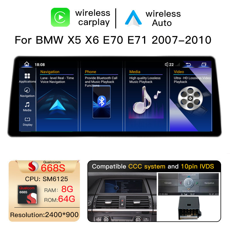 Ultra Narrow 12.8 Inch QLED Upgrade Car Stereo for BMW X5 X6 E70 E71 2007-2013 | CCC (10-Pin) 2007-2010 & CIC (4-Pin) 2011-2013 | CarPlay Touchscreen HD 2400x900 Zinc Alloy Frame