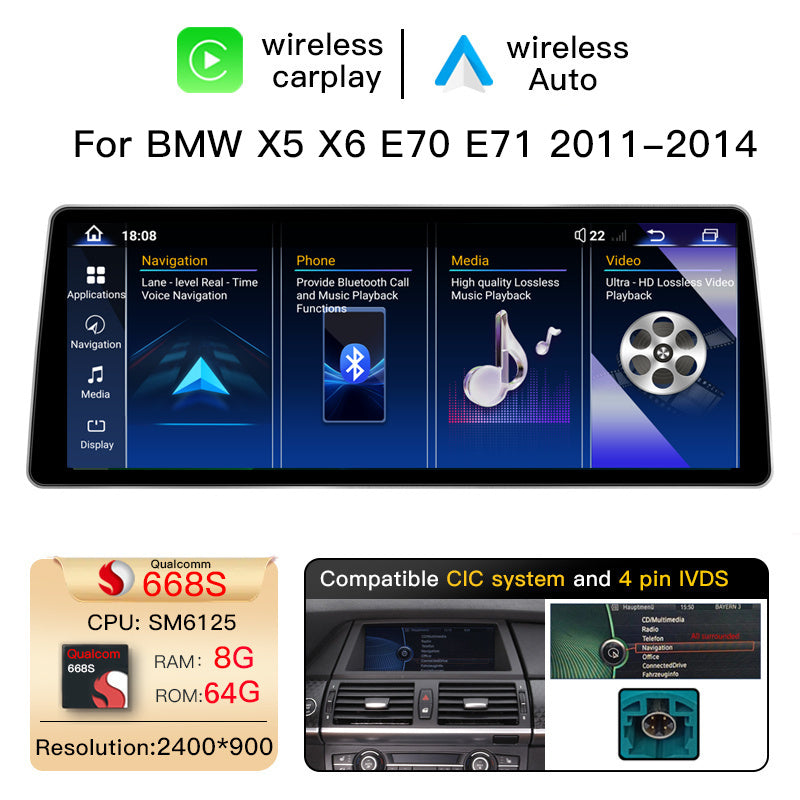 Ultra Narrow 12.8 Inch QLED Upgrade Car Stereo for BMW X5 X6 E70 E71 2007-2013 | CCC (10-Pin) 2007-2010 & CIC (4-Pin) 2011-2013 | CarPlay Touchscreen HD 2400x900 Zinc Alloy Frame