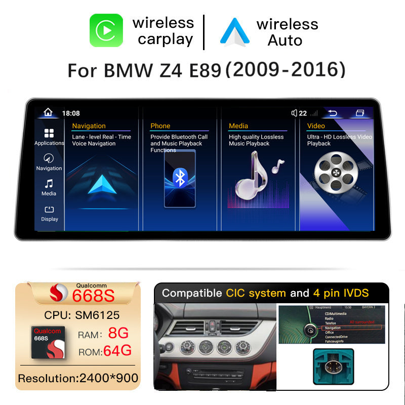 Ultra Narrow 12.8 Inch QLED Upgrade Car Stereo for BMW Z4 E89 2009-2016 | CIC | CarPlay Touchscreen HD 2400x900 Zinc Alloy Frame