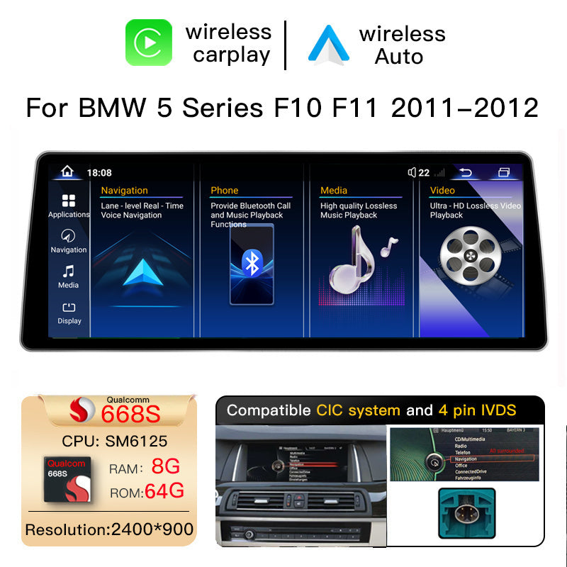 Ultra Narrow 12.8 Inch QLED Upgrade Car Stereo for BMW 5 Series F10 F11 | CIC (4-Pin) 2011-2012 & NBT (6-Pin) 2013-2016 | 520i 525i 528i 530i | CarPlay Touchscreen HD 2400x900 Zinc Alloy Frame