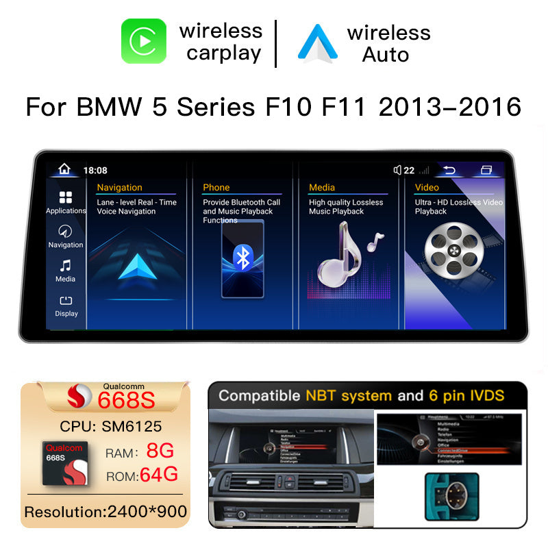 Ultra Narrow 12.8 Inch QLED Upgrade Car Stereo for BMW 5 Series F10 F11 | CIC (4-Pin) 2011-2012 & NBT (6-Pin) 2013-2016 | 520i 525i 528i 530i | CarPlay Touchscreen HD 2400x900 Zinc Alloy Frame