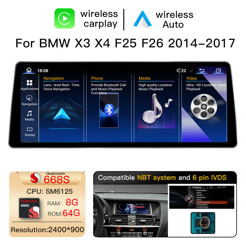 Ultra Narrow 12.8 Inch QLED Upgrade Car Stereo for BMW X3 X4 F25 F26 2010-2017 | CIC (4-Pin) 2010-2013 & NBT (6-Pin) 2013-2016 & EVO (6-Pin) 2016-2017 | CarPlay Touchscreen HD 2400x900 Zinc Alloy Frame