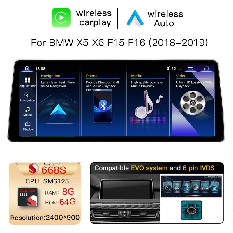 Ultra Narrow 12.8 Inch QLED Upgrade Car Stereo for BMW 2 Series F45 F46 | NBT (6-Pin) 2012-2015 & EVO ID5/ID6 (6-Pin) 2016-2019 | CarPlay Touchscreen HD 2400x900 Zinc Alloy Frame