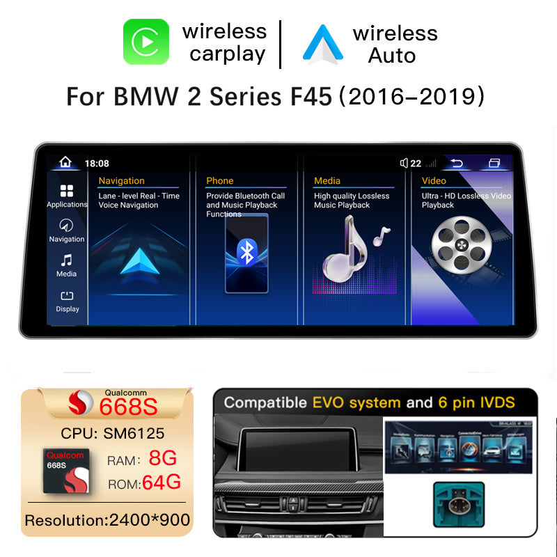 Ultra Narrow 12.8 Inch QLED Upgrade Car Stereo for BMW 2 Series F45 F46 | NBT (6-Pin) 2012-2015 & EVO ID5/ID6 (6-Pin) 2016-2019 | CarPlay Touchscreen HD 2400x900 Zinc Alloy Frame