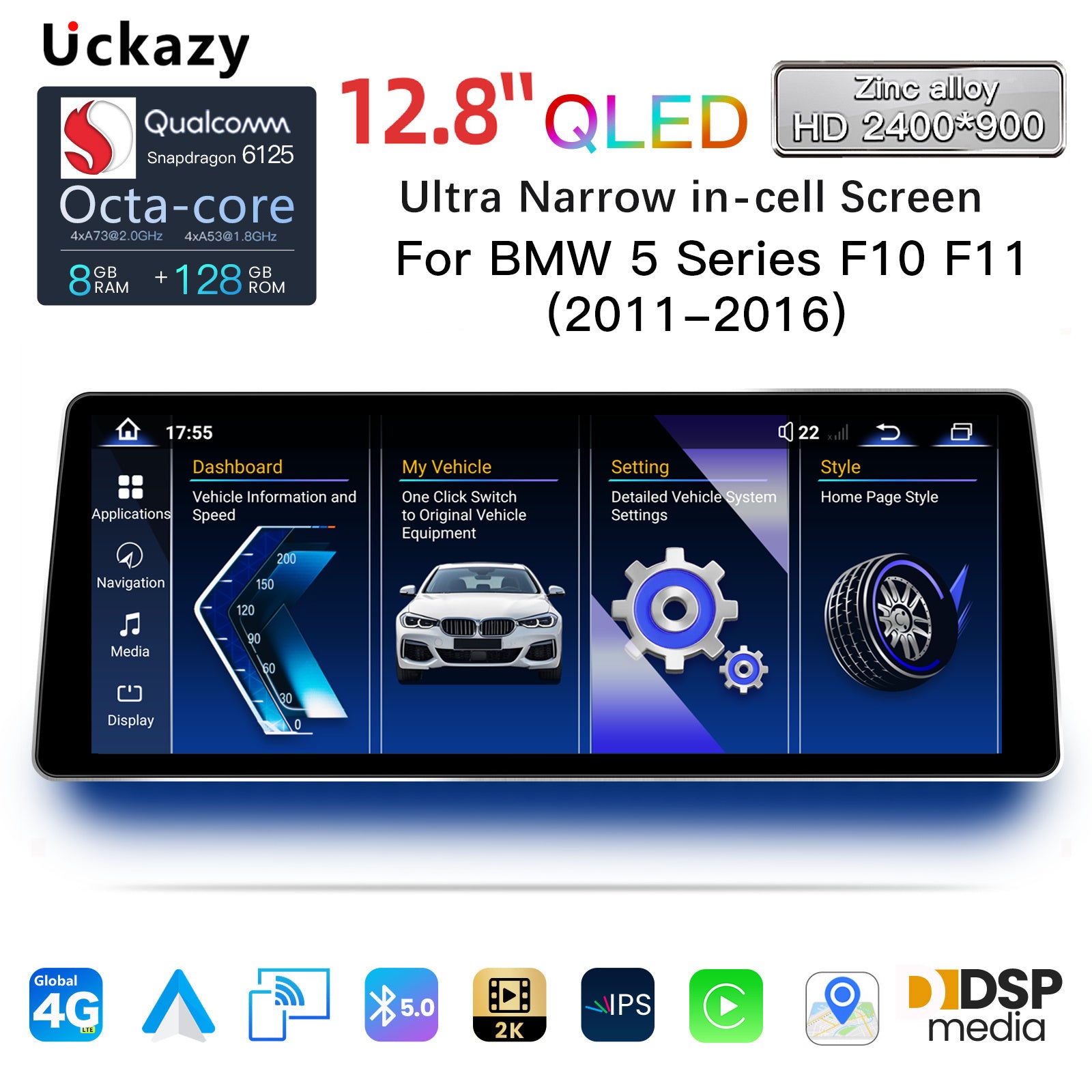 Ultra Narrow 12.8 Inch QLED Upgrade Car Stereo for BMW 5 Series F10 F11 | CIC (4-Pin) 2011-2012 & NBT (6-Pin) 2013-2016 | 520i 525i 528i 530i | CarPlay Touchscreen HD 2400x900 Zinc Alloy Frame