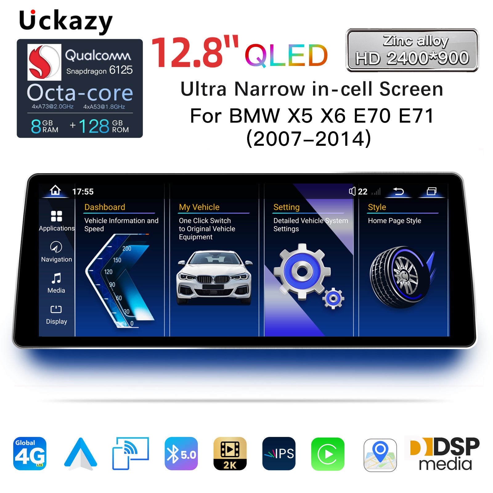 12.8 Inch QLED Car Stereo Upgrade for BMW X5 E70 X6 E71 2007-2013 CCC CIC - Wireless CarPlay Android Auto
