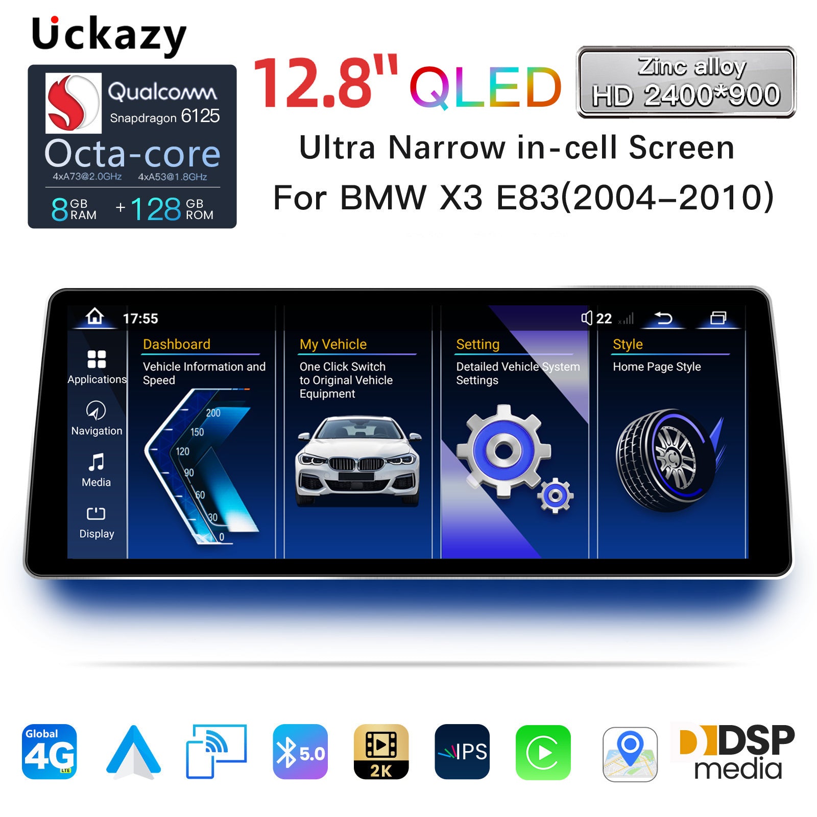 Ultra Narrow 12.8 Inch QLED Upgrade Car Stereo for BMW X3 E83 2004-2010 | CCC (10-Pin) | CarPlay Touchscreen HD 2400x900 Zinc Alloy Frame