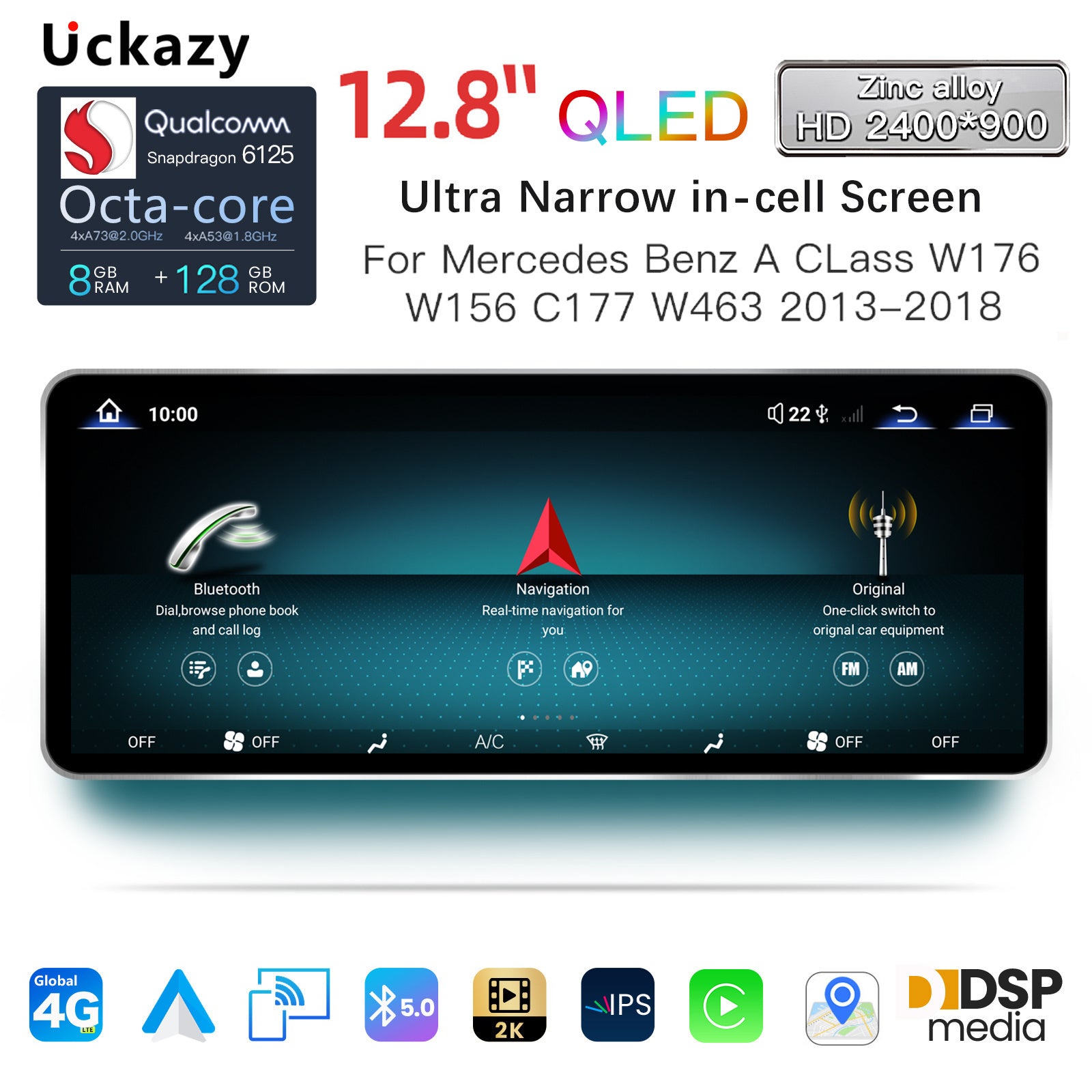 12.8 Inch QLED Upgrade Car Stereo for Mercedes-Benz A-Class W176 / CLA C117 X117 / GLA X156 | NTG 4.5/4.7 (2013–2015) & NTG 5.0/5.1 (2016–2018) | Wireless CarPlay Android Auto HD 2400x900 Zinc Alloy