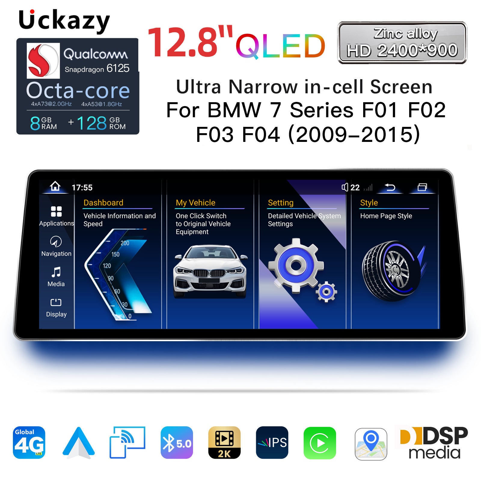 Ultra Narrow 12.8 Inch QLED Upgrade Car Stereo for BMW 7 Series F01 F02 | CIC (4-Pin) 2009-2012 & NBT (6-Pin) 2013-2015 | CarPlay Touchscreen HD 2400x900 Zinc Alloy Frame