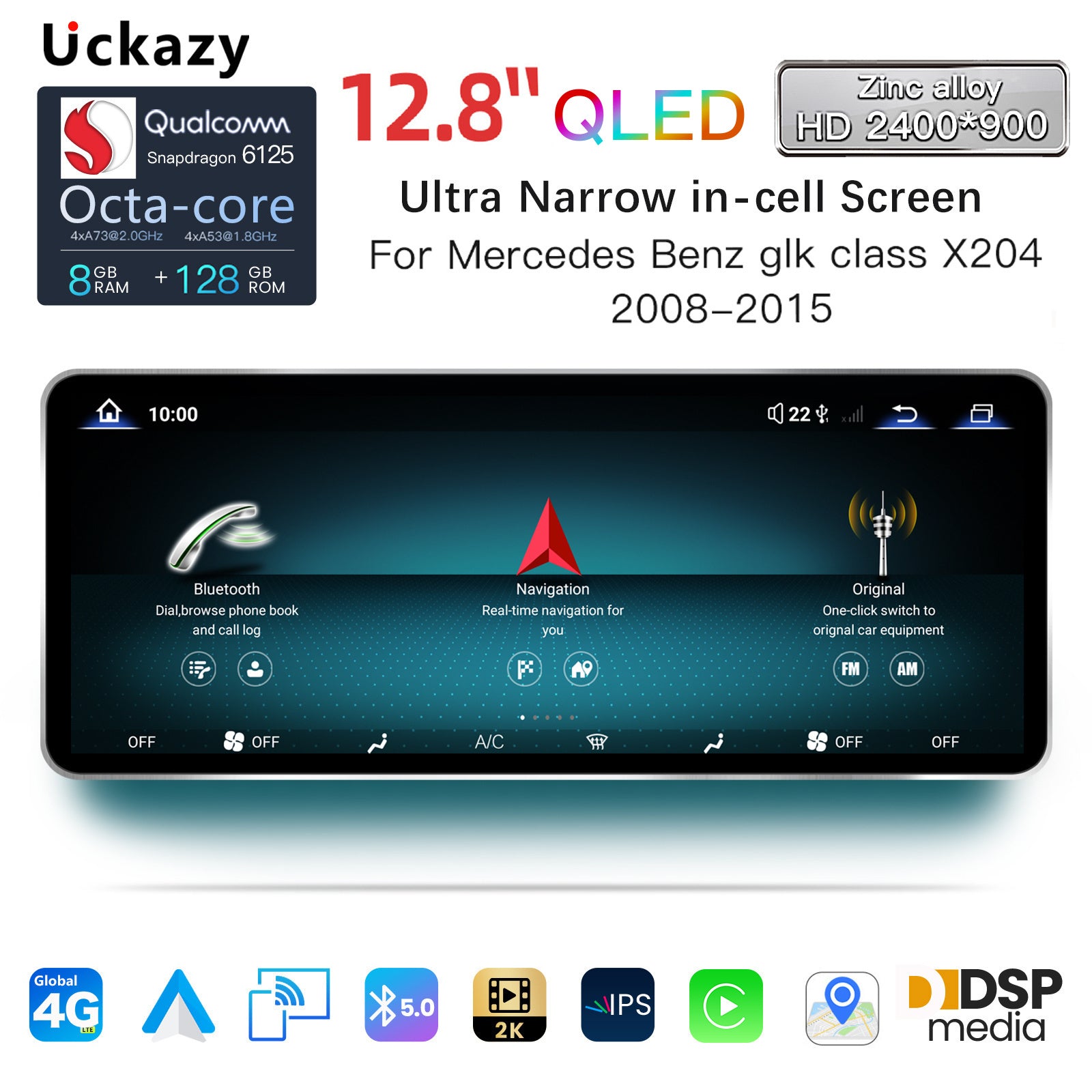 Ultra Narrow 12.8 Inch QLED Upgrade Car Stereo for Mercedes-Benz GLK X204 | NTG 4.0 (10-Pin) 2008-2012 & NTG 4.5/4.7 (4-Pin) 2013-2015 | CarPlay Touchscreen HD 2400x900 Zinc Alloy Frame