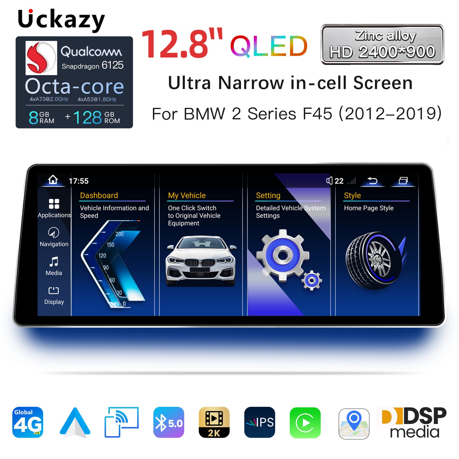 Ultra Narrow 12.8 Inch QLED Upgrade Car Stereo for BMW 2 Series F45 F46 | NBT (6-Pin) 2012-2015 & EVO ID5/ID6 (6-Pin) 2016-2019 | CarPlay Touchscreen HD 2400x900 Zinc Alloy Frame