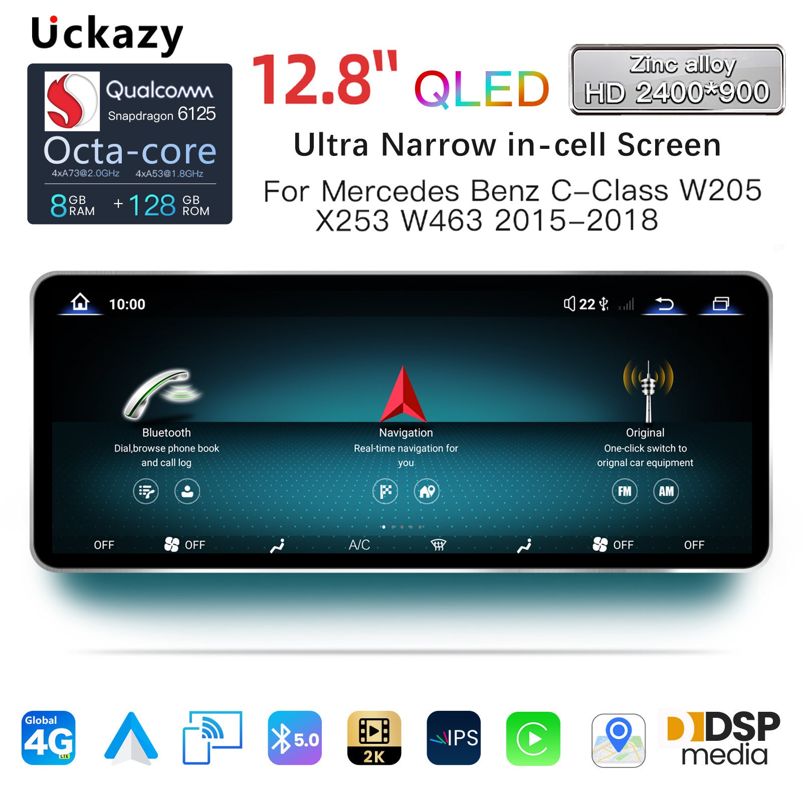 12.8 Inch QLED Upgrade Car Stereo for Mercedes-Benz C-Class W205 / Estate S205 | NTG 5.0/5.1 (4-Pin) 2015–2018 | Wireless CarPlay Android Auto HD 2400x900 Zinc Alloy
