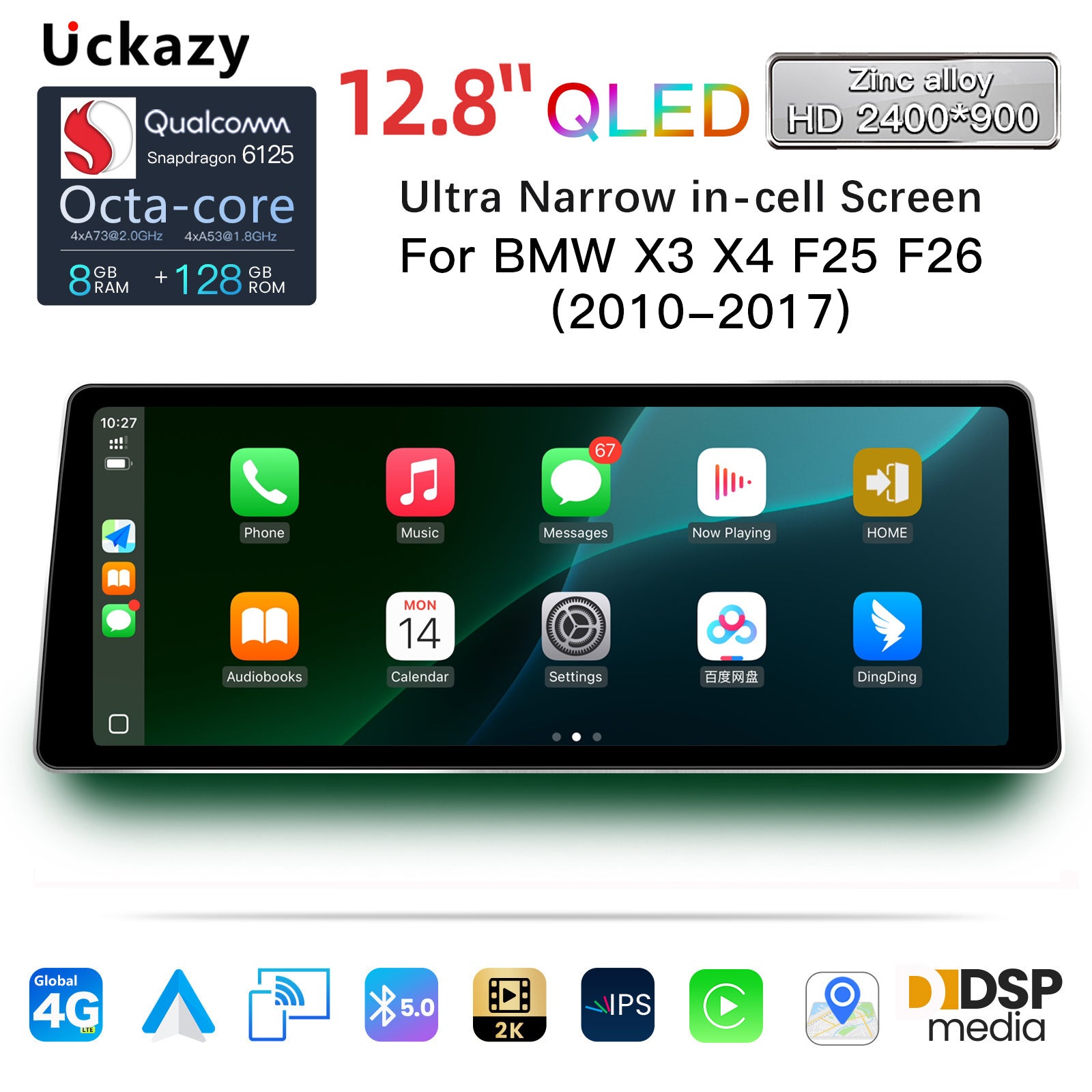 Ultra Narrow 12.8 Inch QLED Upgrade Car Stereo for BMW X3 X4 F25 F26 2010-2017 | CIC (4-Pin) 2010-2013 & NBT (6-Pin) 2013-2016 & EVO (6-Pin) 2016-2017 | CarPlay Touchscreen HD 2400x900 Zinc Alloy Frame