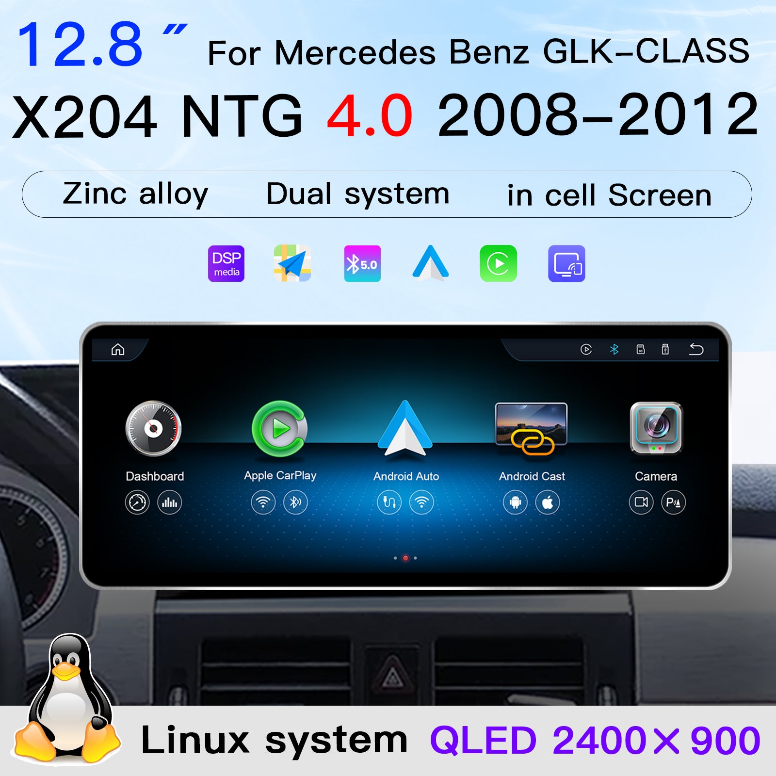 Ultra Narrow 12.8 Inch QLED Upgrade Car Stereo for Mercedes-Benz GLK X204 | NTG 4.0 (10-Pin) 2008-2012 & NTG 4.5/4.7 (4-Pin) 2013-2015 | CarPlay Touchscreen HD 2400x900 Zinc Alloy Frame