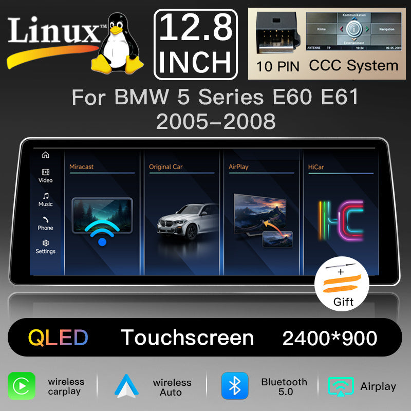 Ultra Narrow 12.8 Inch QLED Upgrade Car Stereo for BMW 5 Series E60 E61 2005-2013 | CCC (10-Pin) 2005-2008 & CIC (4-Pin) 2009-2013 | CarPlay Touchscreen HD 2400x900 Zinc Alloy Frame