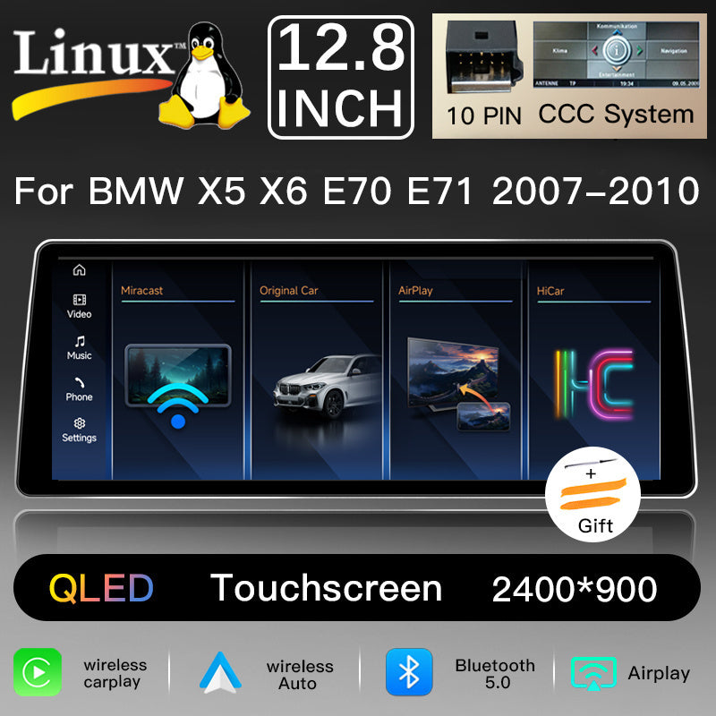 Ultra Narrow 12.8 Inch QLED Upgrade Car Stereo for BMW X5 X6 E70 E71 2007-2013 | CCC (10-Pin) 2007-2010 & CIC (4-Pin) 2011-2013 | CarPlay Touchscreen HD 2400x900 Zinc Alloy Frame